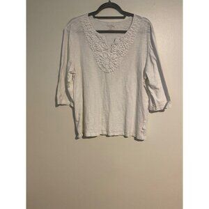 Coral Bay Woman 1X Tee Top White 3/4 Sleeve Embroidered V-Neck Casual Beach Boho